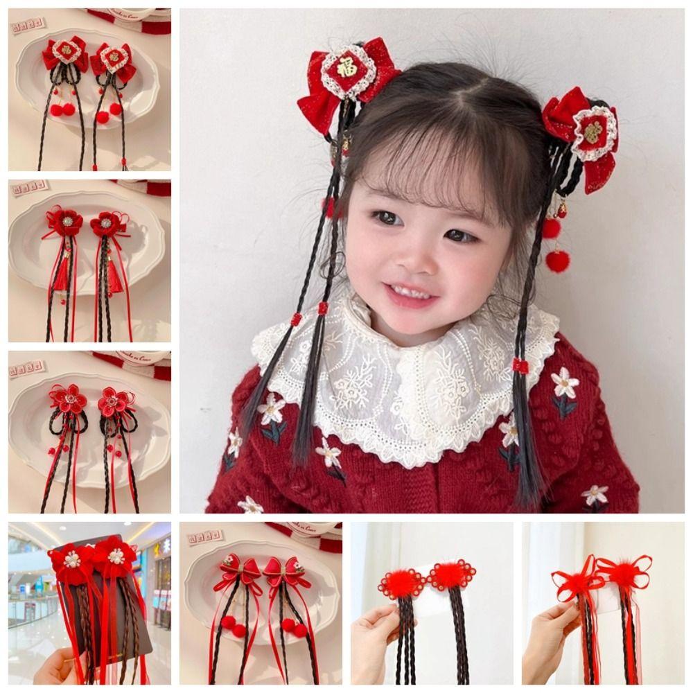 2pcs Hanfu Headdress Children Red Hairclip Flower Tassel Bow Wig Braid Hairpin New Year Headwear