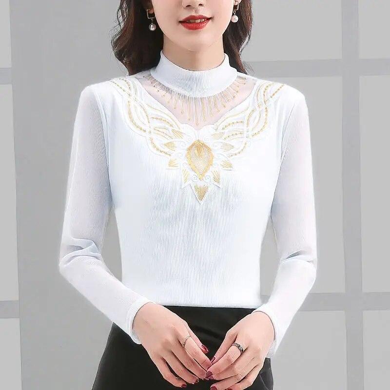 Осень-зима, новые кружевные футболки, сетчатая рубашка с высоким воротником и низом для женщин, пуловеры с длинными рукавами, топ M-5XL