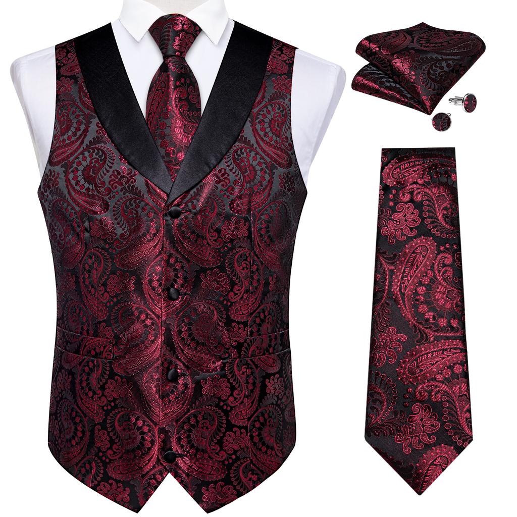 Mens Silk Slim Waistcoat Dark Purple Paisley Wedding Suit Vest Tie Cufflinks Set