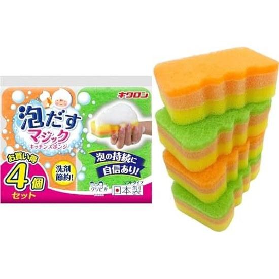 Kikuron Kitchen Sponge Made Japan Foam Retention Detergent Savings Non-Scratch Foaming Orange Green 4 Pieces GreenOrange