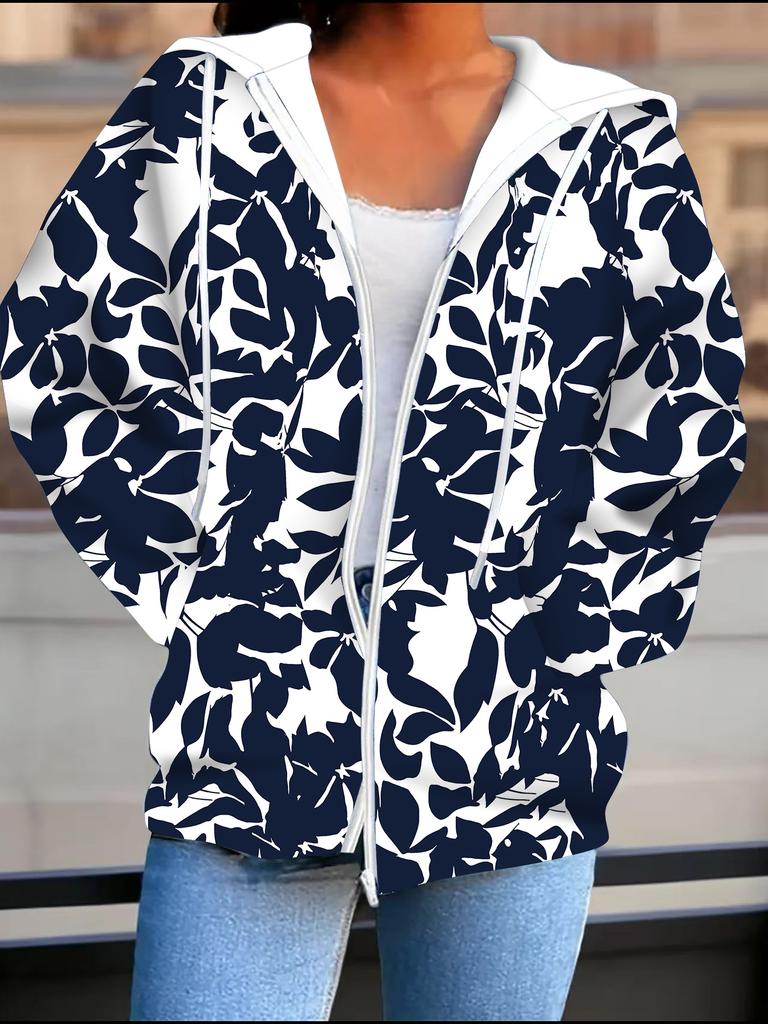 Flower 3D Printed Hooded Cardigan Plus Size Autumn Winter Retro