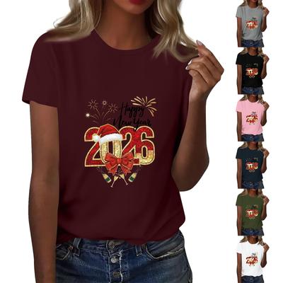 Женская мода 2026 Новый год Принт Круглый вырез Короткий рукав Топ