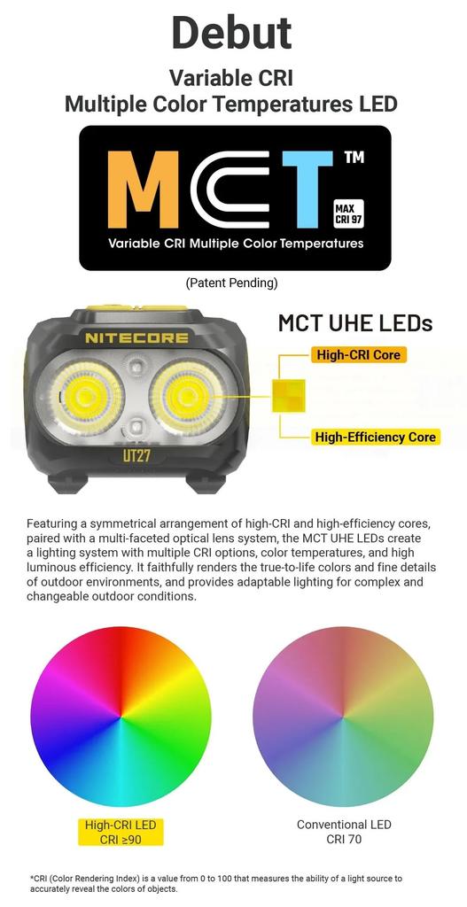 Nitecore UT27 MCT Headlamp, Max 800 Lumens, 3 Color Temperatures, USB-C Rechargeable, AAA Batteries Compatible, Trail Running, Night Running (Black)