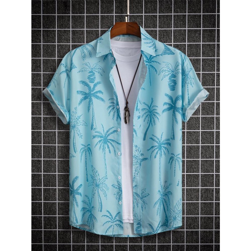 Tropical Coconut Tree Pattern Men's Short Sleeve Button Down Lapel Shirt For Summer Resort Holiday Hawaiian Style Oversized Tops
