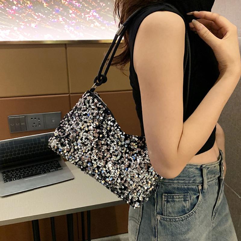 Yogodlns Винтажная женская вечеринка с блестками, маленькая сумка на плечо, модная однотонная универсальная сумка-хобо на молнии с подмышками