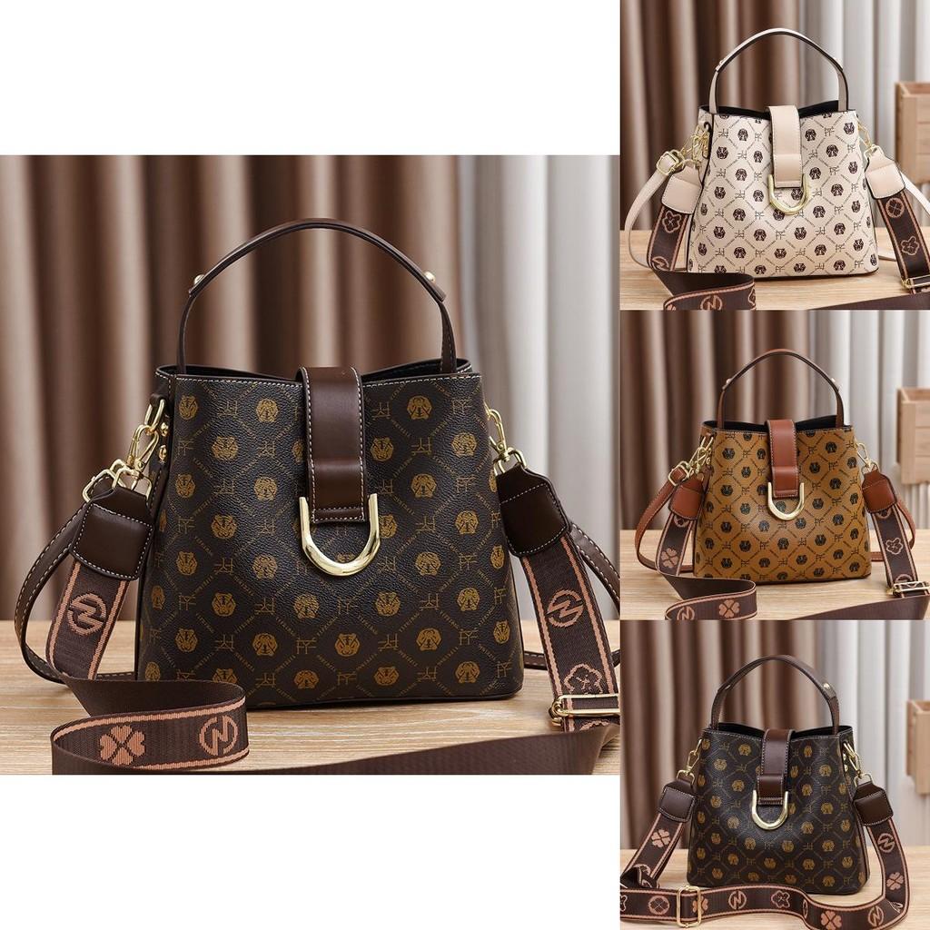 Stylish Vintage Ladies Bucket Bag With Floral Print In Coffee Beige And Earthy Yellow Colors