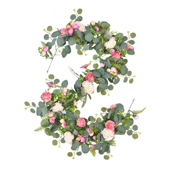 Artificial Eucalyptus Garland with Peony Flower Faux Floral Greenery Garland for Wedding Party Table Centerpiece Room Backdrop Decor