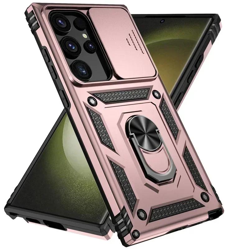 Противоударный чехол-броня военного класса с выдвижной шторкой для камеры для Samsung Galaxy S25 Ultra Plus S24FE A16 A06 A26 A36 A56 с кольцом-подставкой