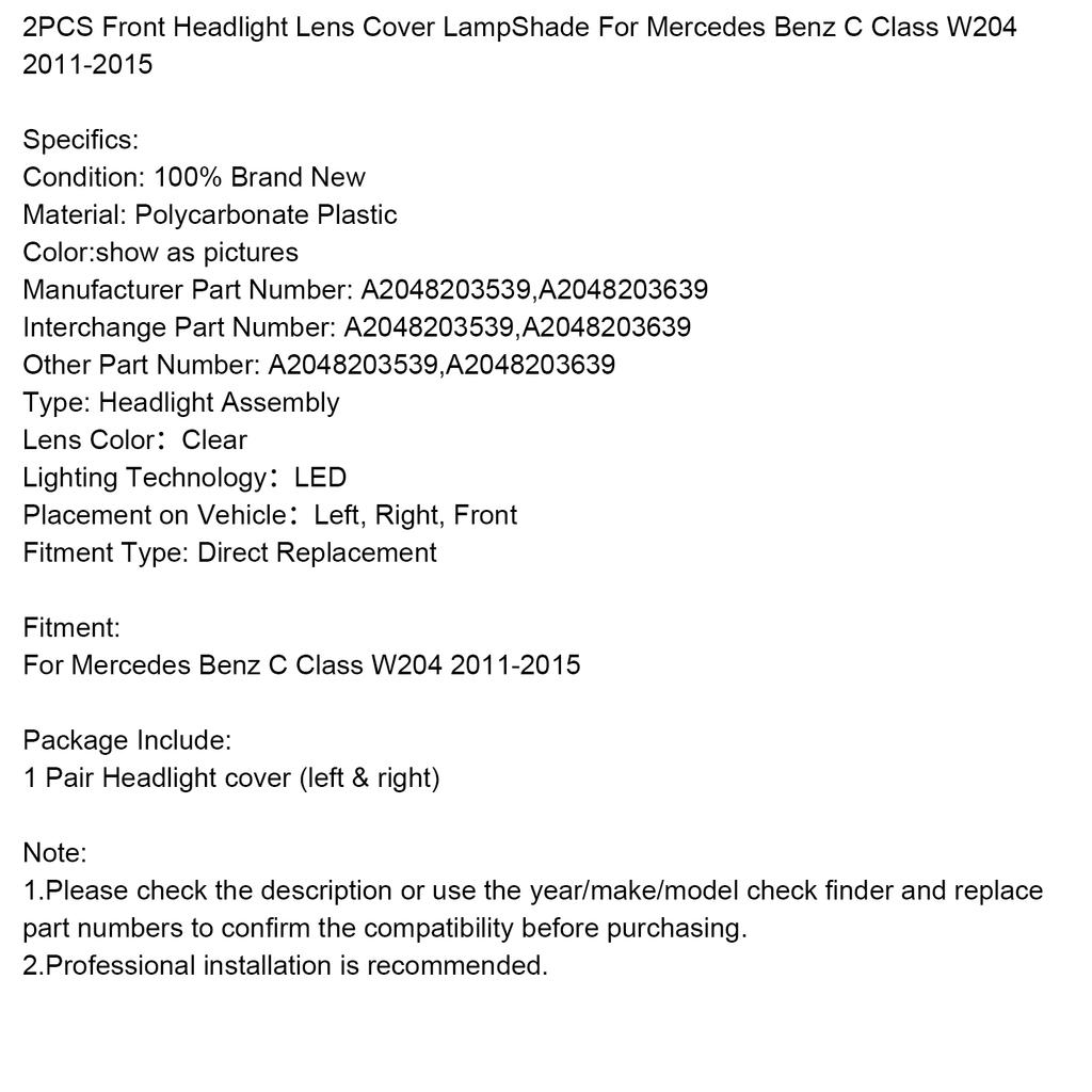 2PCS Front Headlight Lens Cover LampShade For Mercedes Benz C W204 2011-2015