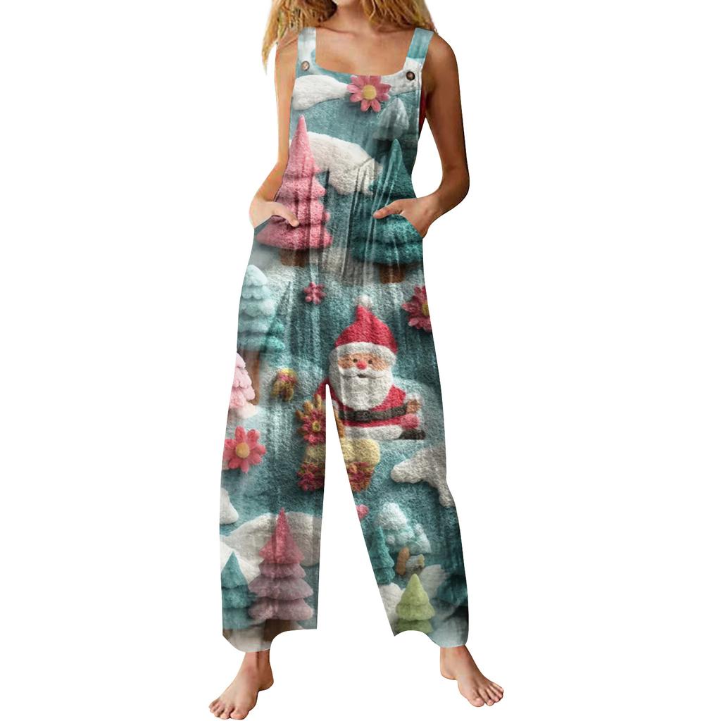 Womens Casual Overalls Jumpsuits Adjustable Straps Sleeveless Print Comfy Rompers With Pocket