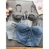 Pure Desire Sexy Denim Camisole Female Sexy with Breast Pad Slim-Fit All-Matching Short Beauty Back Chic Tied Top