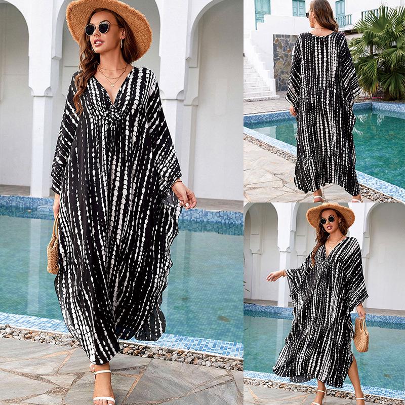 European & American Cotton Print Plus Size Loose Beach Dress Cover-Up for Women