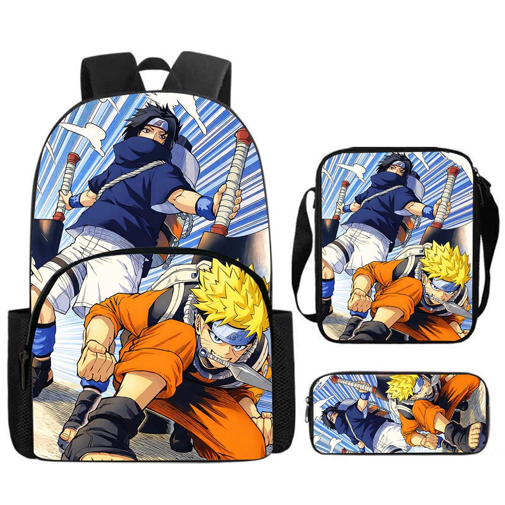 Набор из 3 предметов Школьный рюкзак NARUTO с передним карманом, Сумка через плечо и Пенал, Прочный и легкий, для мальчиков и девочек 5-10 лет