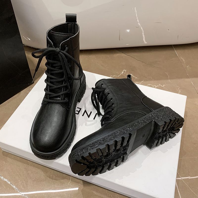 Модные ботильоны Элегантные на низком каблуке Короткая обувь для женщины Шнурки Шнуровка Обувь Панк стиль Боевые Кожа Черный Женские ботильоны