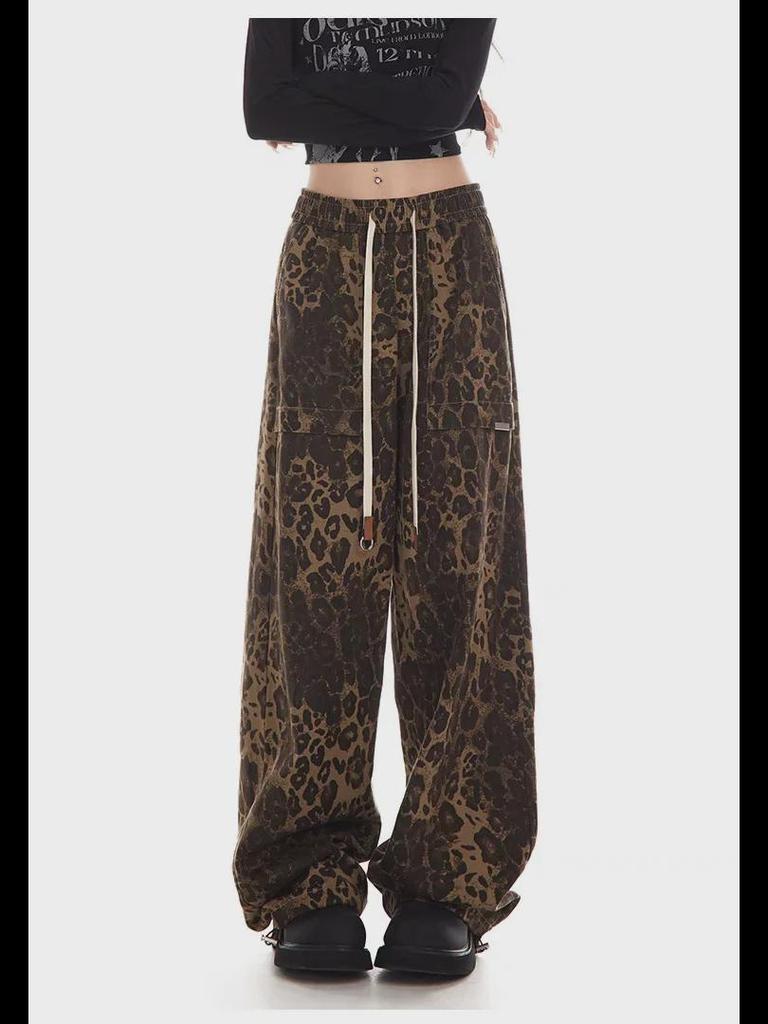 Женский комбинезон в стиле ретро с леопардовым принтом 2024 года в стиле хип-хоп — модные свободные повседневные брюки для уличных танцев