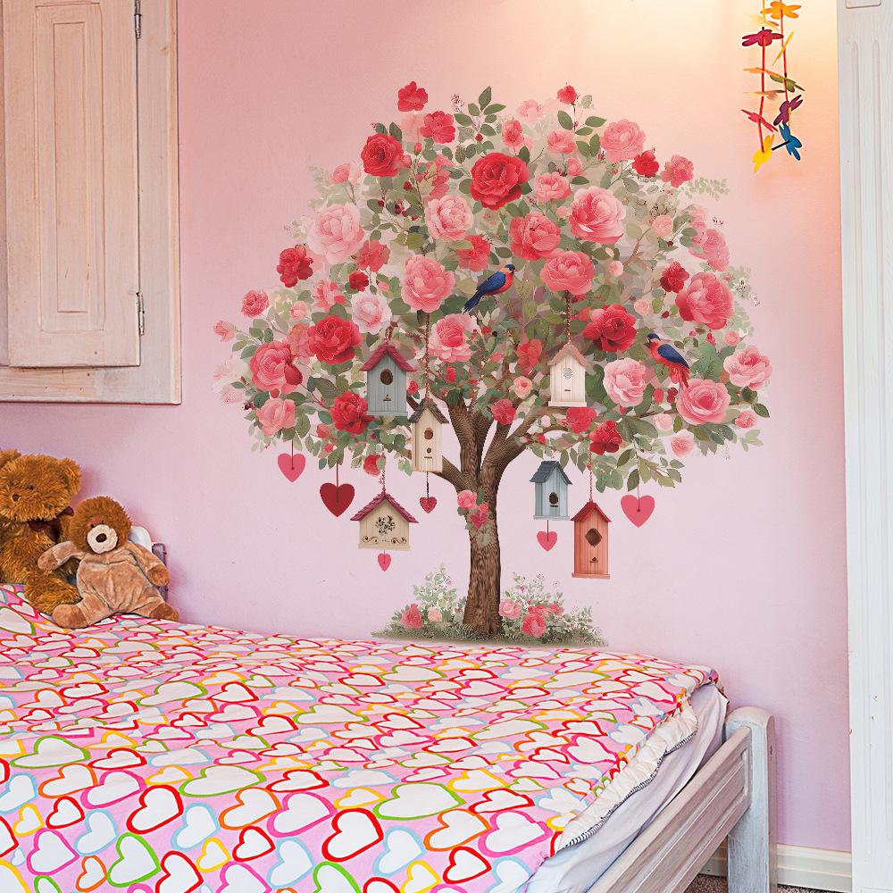 The Rose Flowers On The Big Tree and The Decorative Wall Stickers for The Living Room and Bedroom of The Birdhouse