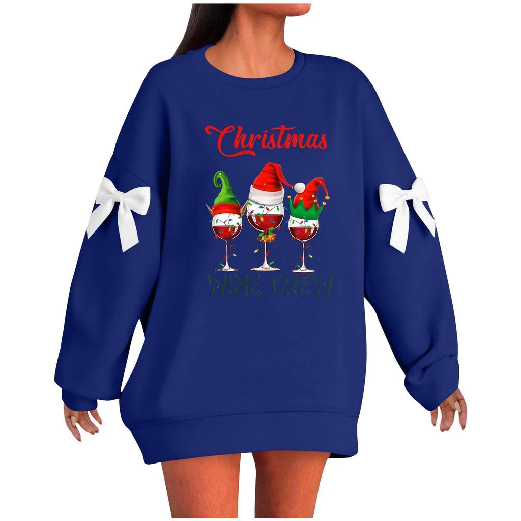 Ladies' Christmas Printed Bow Round Neck Long Sleeved Loose Pullover Sweater Sweatshirt Top