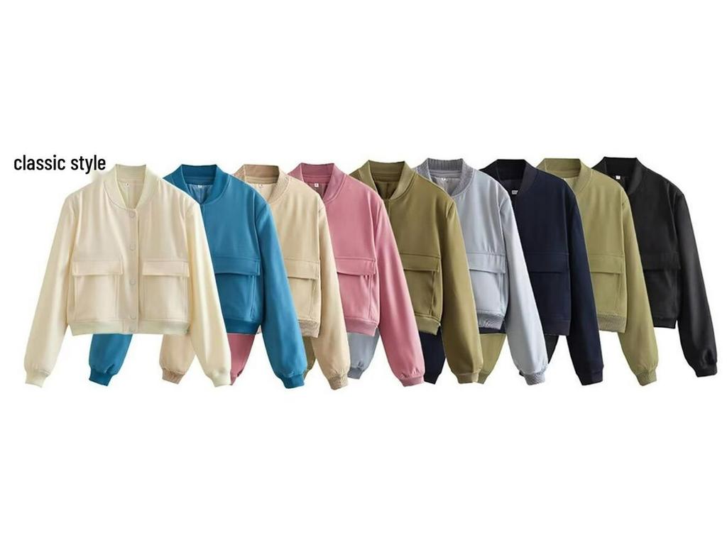 2024 Women's European & American Style Autumn Bomber Jacket with Large Pockets