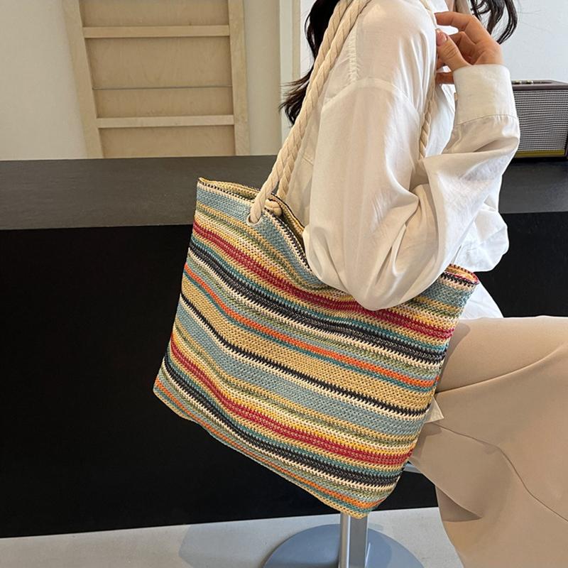 Straw Fabric Woven Design Women Tote Bags Rainbow Color Large Capacity Summer Beach Shoulder Shopper Bag Casual Commute Handbags KTB