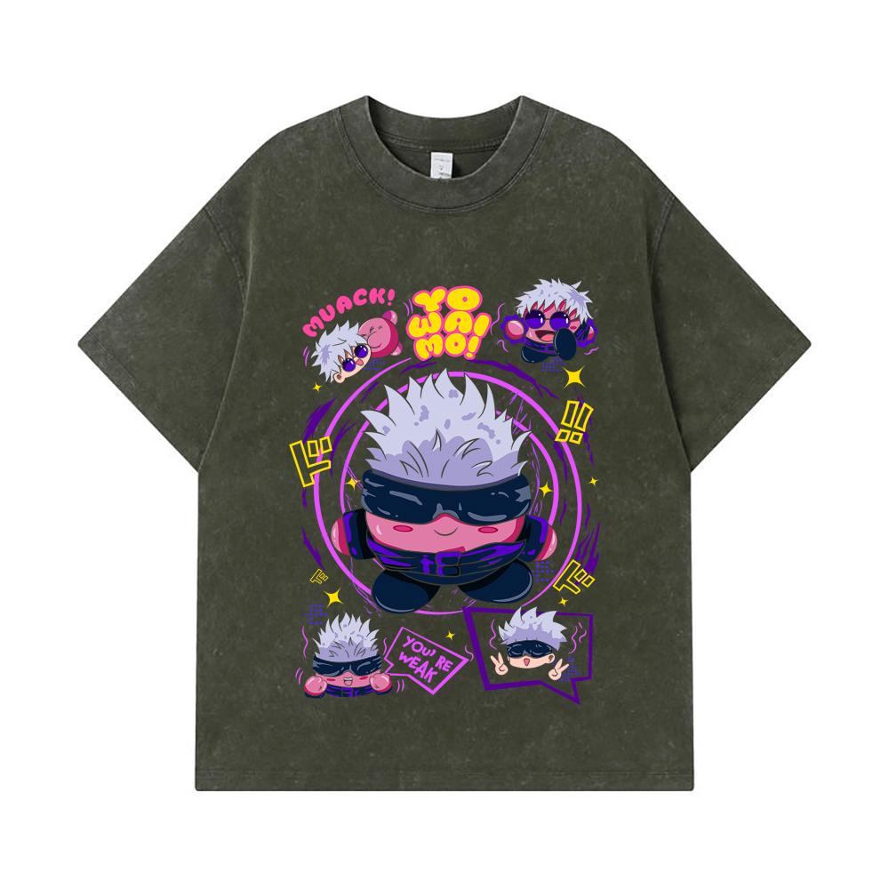 275 GSM Washed T-shirts 100% Cotton Jujutsu Kaisen V41 Kirby Gojo Print Unisex Heavy Cotton T Shirt