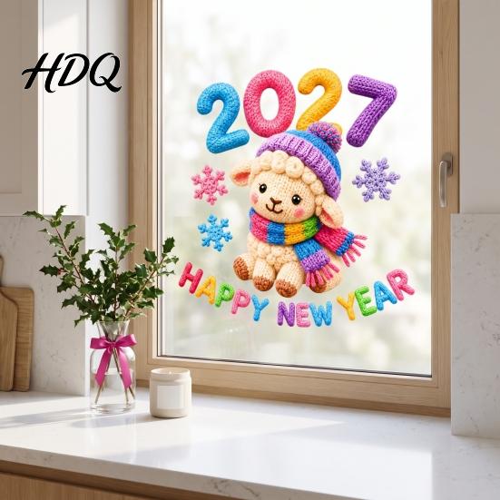 Декоративная стеклянная пленка Наклейки на окна на Китайский Новый год 2027 Год Козы Статичные наклейки Многоразовые Наклейки на зимнюю тематику Наклейки с вязаным ягненком
