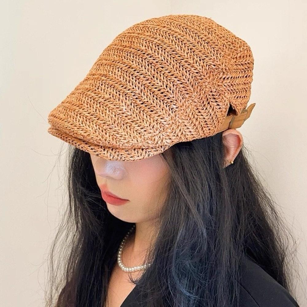 Flat Straw Beret Vacation Painter Beret Breathable Straw Newsboy Cap Unisex