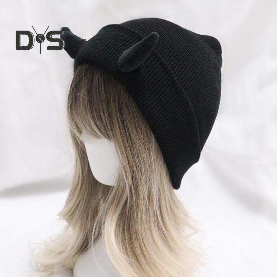 Вязаная шапка-бини с рогами дьявола, зимняя шапка-череп для мужчин и женщин с рогами для катания на лыжах в холодную погоду, теплая вязаная шапка ручной работы с рогами демона