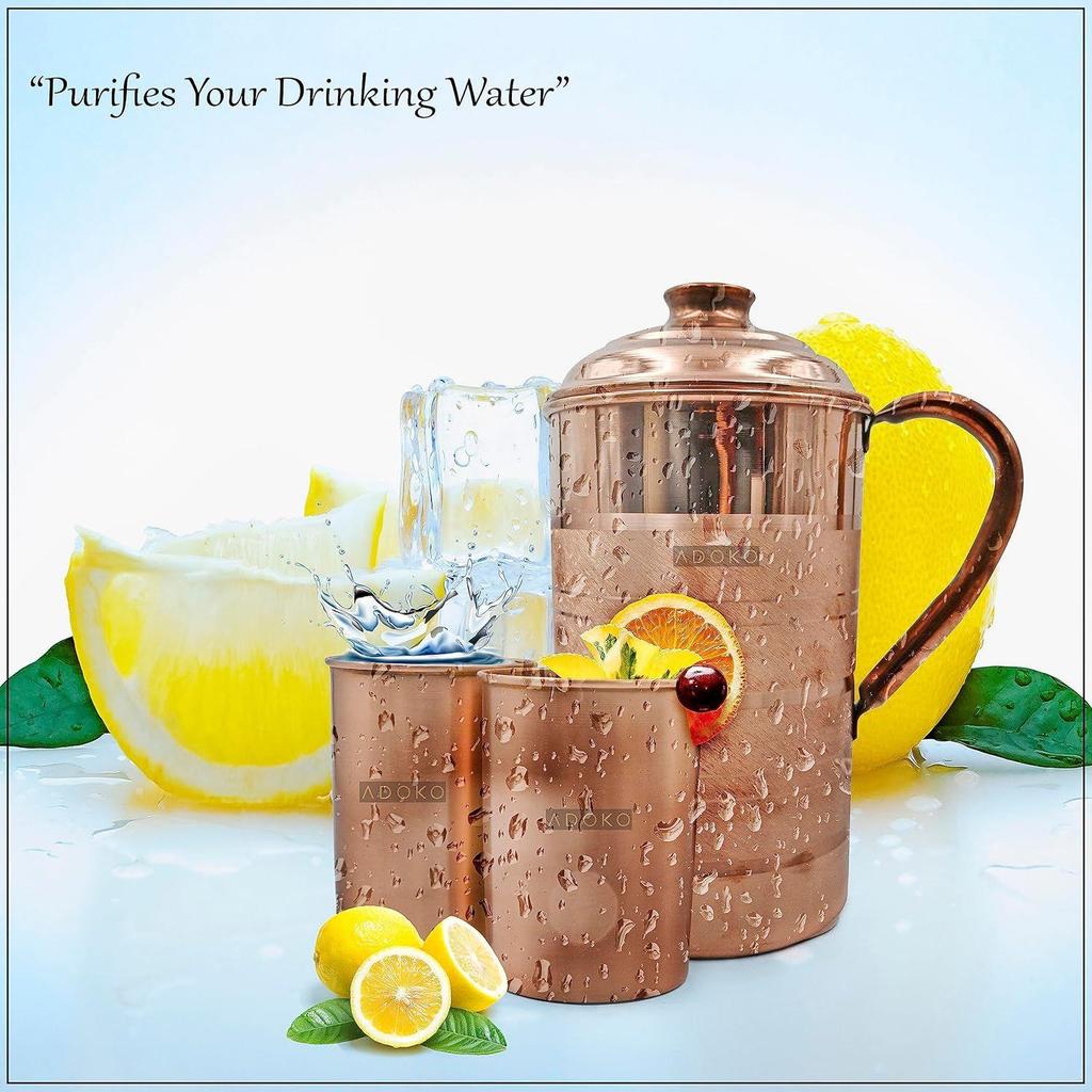 Кувшин для воды из чистой меди 1,5 литра с 2 медными стаканами (300 мл каждый) | Аюрведический медный кувшин для питья и хранения для здоровья и благополучия