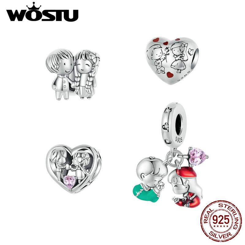 WOSTU 925 Sterling Silver Lovely Little Boy & Girl Charm Beads For Women Fit Original Charms DIY Necklae Birthday Jewelry Gift