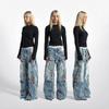 Vintage Streetwear American Raw Edge Cherry Blossom Embroidered Jeans Y2K Loose Straight Leg Pants Women
