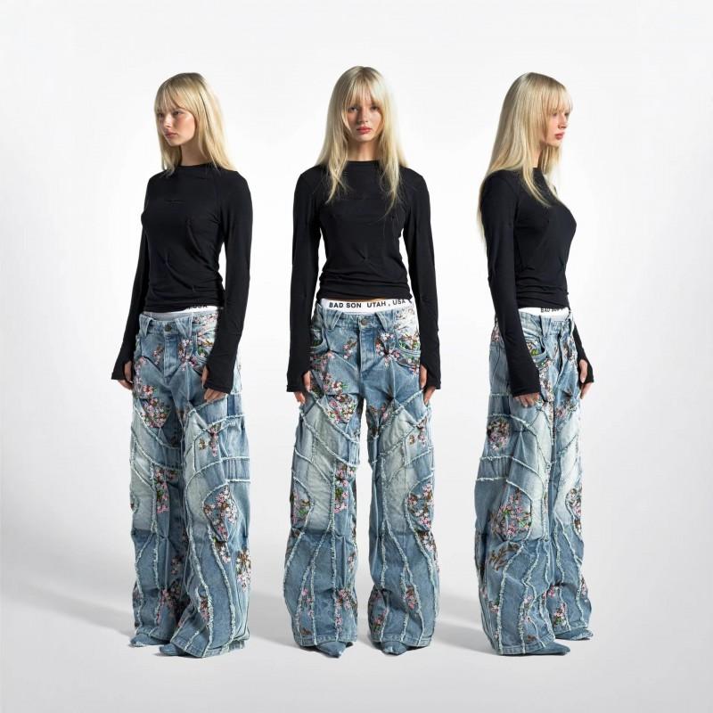 Vintage Streetwear American Raw Edge Cherry Blossom Embroidered Jeans Y2K Loose Straight Leg Pants Women