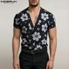 Летние мужские рубашки с V-образным вырезом, коротким рукавом и цветочным принтом, повседневные топы