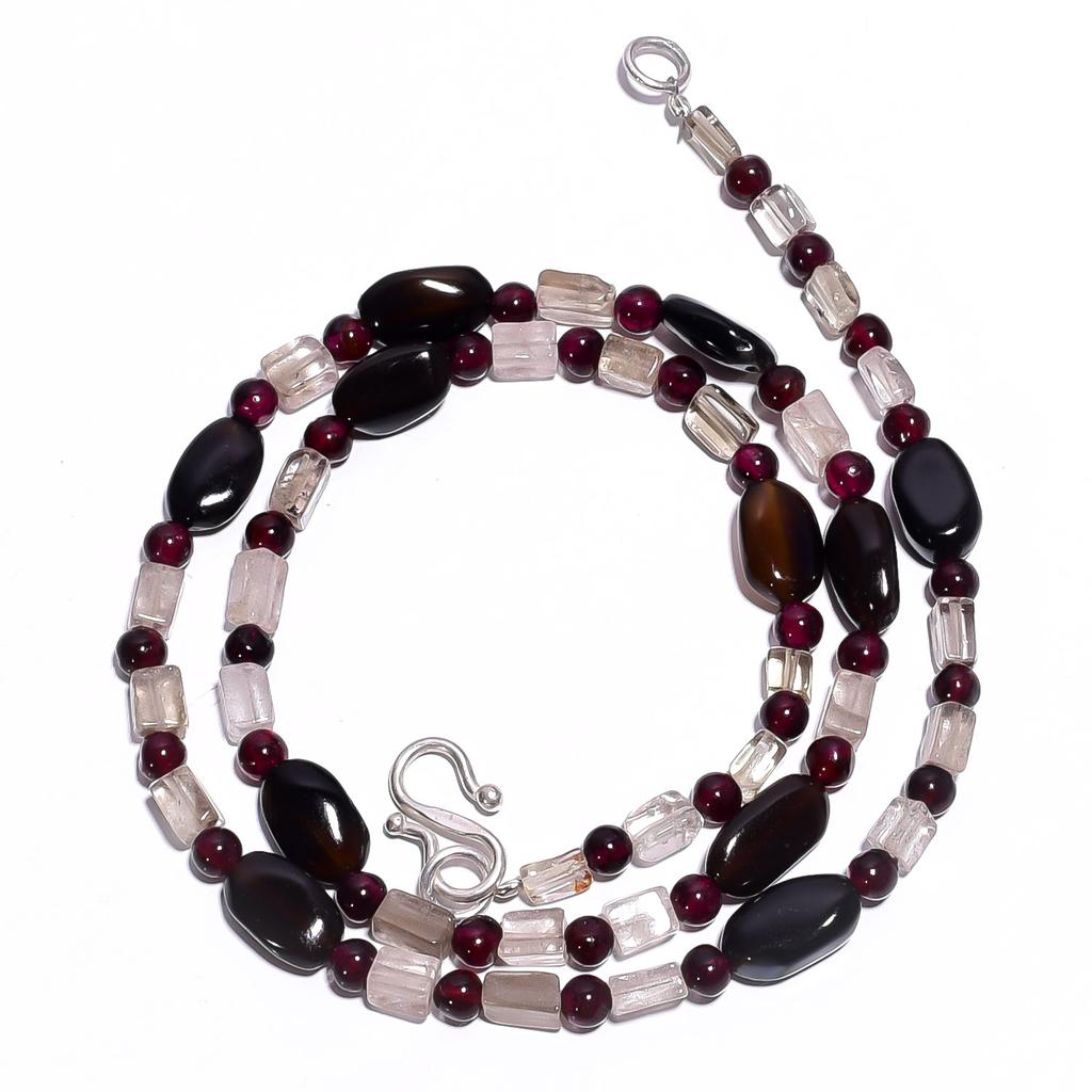 Natural Smoky Quartz Crystal Garnet Gemstone Smooth Beads Necklace 17" UB-4446 UB-4446