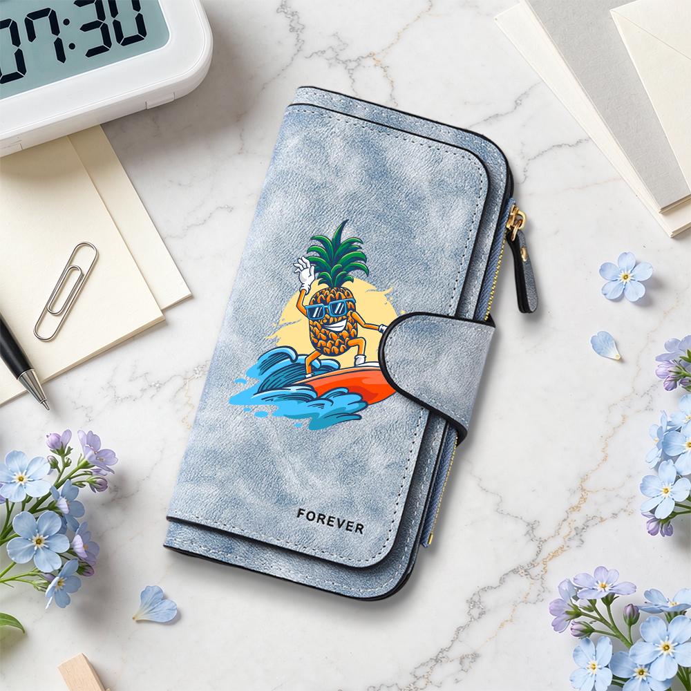 Cute Pineapple Surfing Printed Wallet Casual Card Holder Durable Portable Multipurpose Fashion Trendy Daily Use Purse
