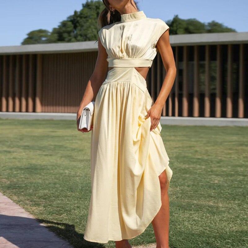 Элегантное платье трапециевидной формы с воротником-стойкой, летнее элегантное сексуальное женское платье с вырезом, повседневное платье без рукавов с открытой талией Y2k, вечерние платья 25544