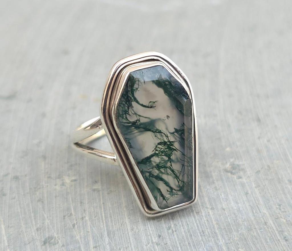 Coffin Ring, Moss Agate Ring, 925 Sterling Solid Silver Ring, Handmade Jewelry, Boho Ring, Green Gemstone Ring, Statement Ring, Promise Ring