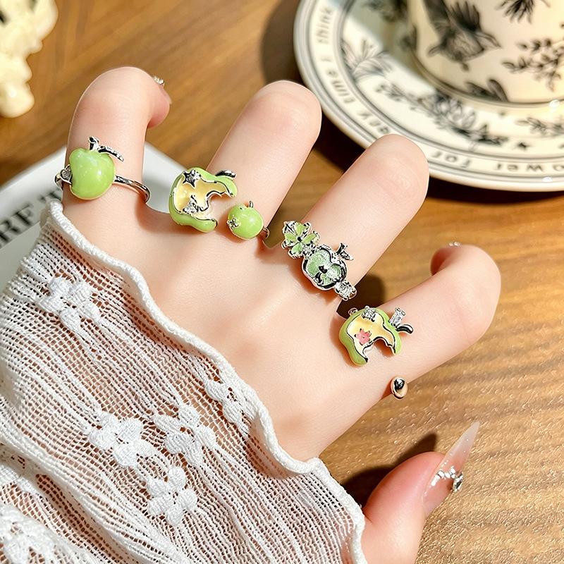 Niche High‑Sense Stack‑Wear Open Ring Subculture Sweet‑Cool Green Apple Enamel Zircon Personality Light‑Luxury Adjustable Fashion Jewelry