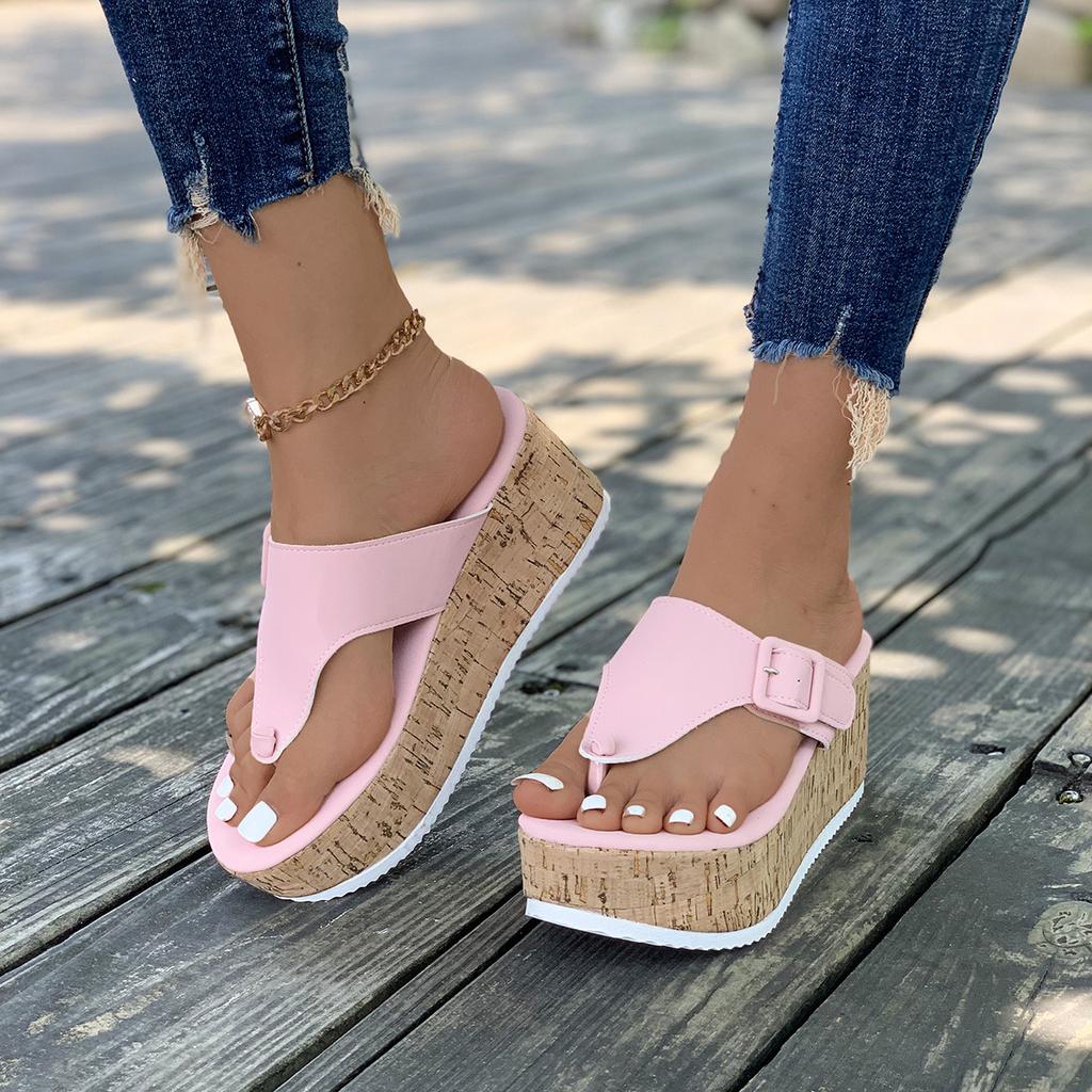 2025 new large size toe solid color platform slippers independent station slope heel women's buckle fish mouth flip-flops