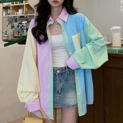 Весенне-осенняя полосатая рубашка с длинным рукавом, топы для женщин, мода 2024, свободная повседневная блузка на пуговицах, женские офисные женские рубашки ярких цветов с контрастом 24345