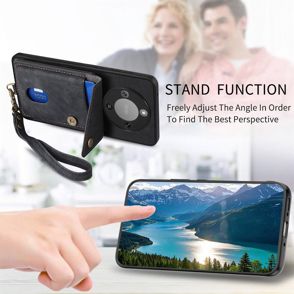 Чехол для телефона Honor Magic8 Lite 5G / X9d 5G / X70 5G с держателем для карт, подставкой, кожаной задней крышкой и ремешком на запястье