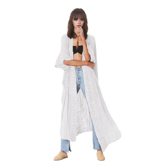 Lady Beach Cardigan Sunscreen Anti-UV Long Sleeves Lace Bohemian Style Bikini Cover-up Thin Calf Length Vacation Daily Leisure Style Coat