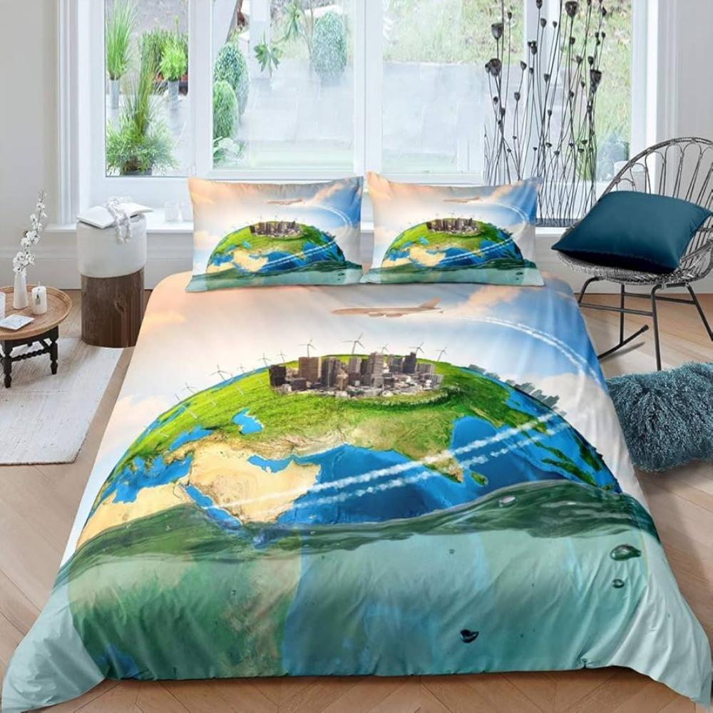 World Map Bedding Set Earth Pattern Bedding Cover Pillowcase Children and Teenagers Bedding Single/Double Size Gift