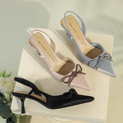 Сандалии на высоком каблуке с бантиком из страз, с задним ремешком, с открытым носком, из атласа, туфли-лодочки, весна новые