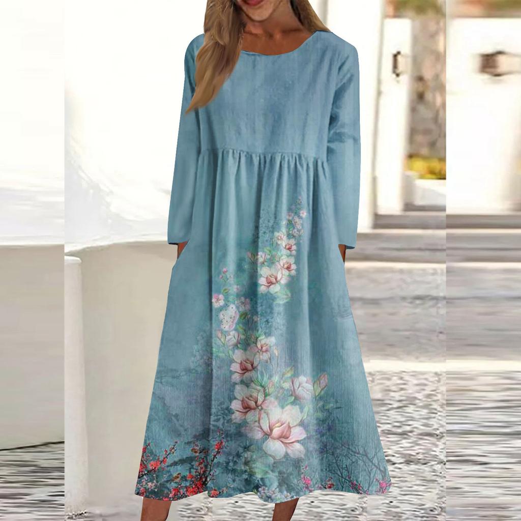 Женское повседневное платье средней длины с круглым вырезом и принтом, карманное платье с длинными рукавами