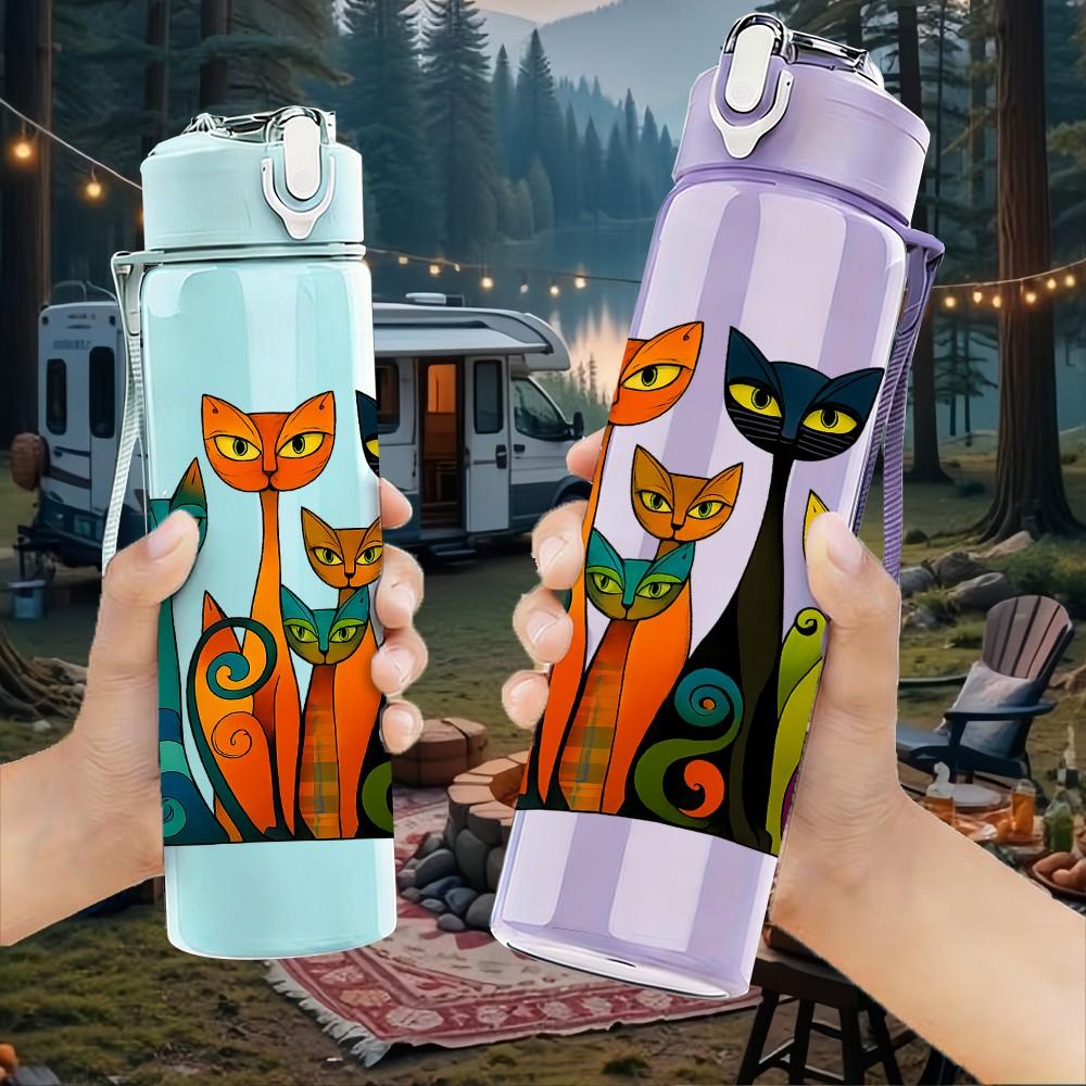 1PC Stacked Cat Cartoon Art 750ml Color Plastic Sports Water Bottle Leakproof Flip Straw Lid Suitable for Sports Office Home Use