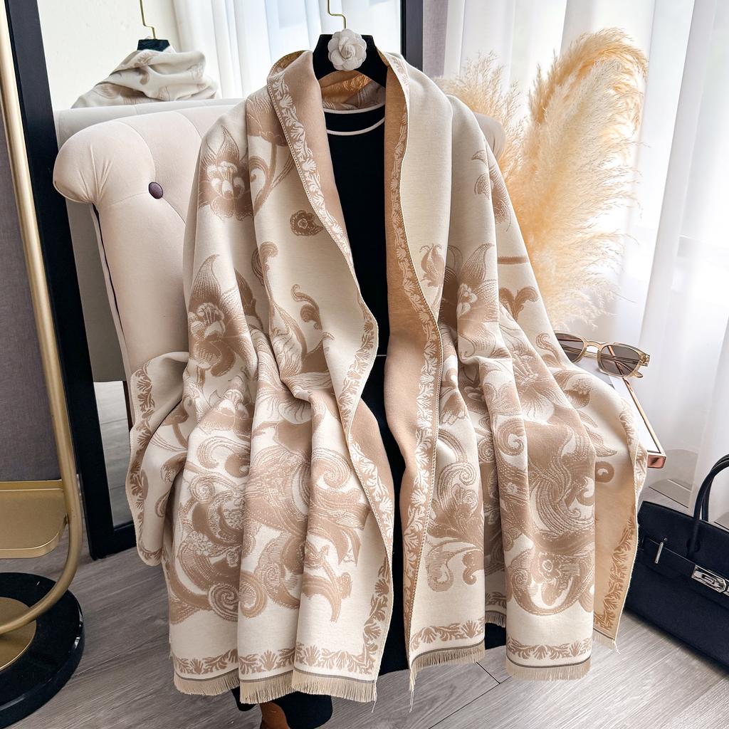 Autumn Winter  Elegant Floral Design Scarf Imitation Cashmere Soft Warm Versatile Shawl Coldproof Windproof Blanket