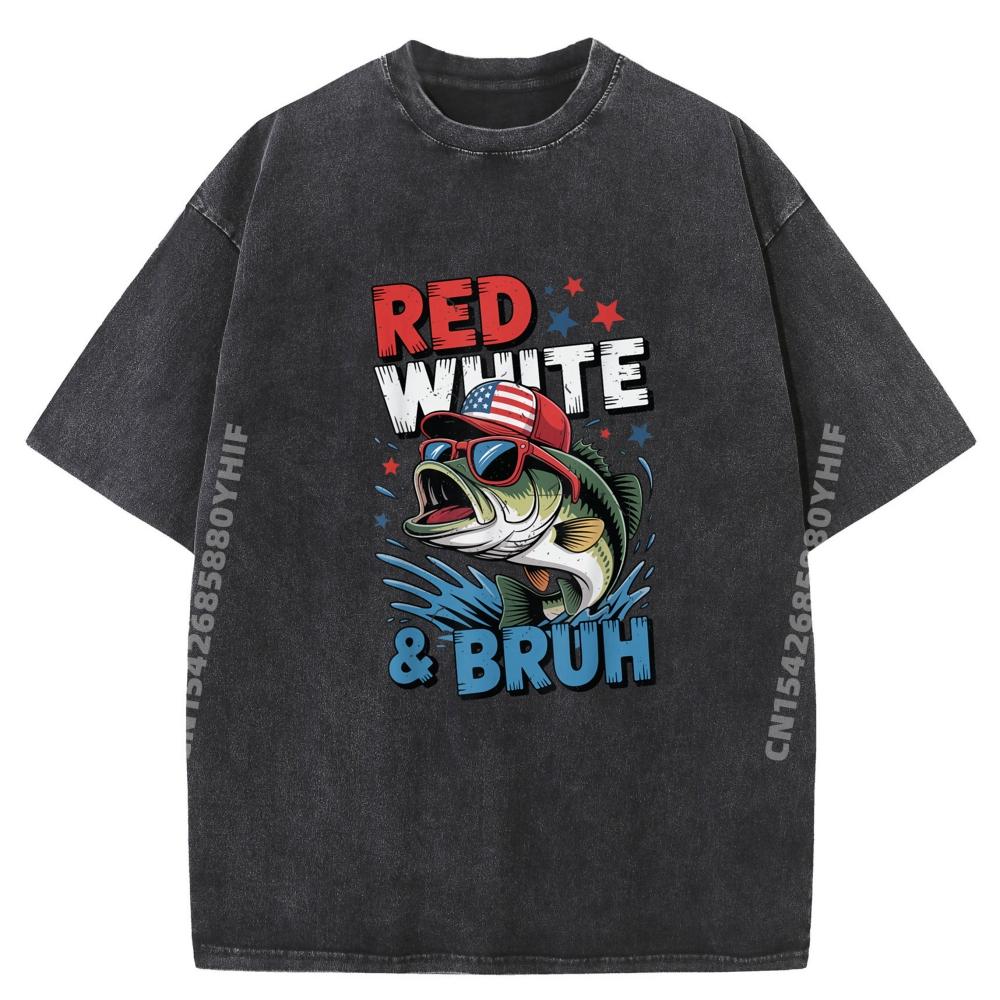 Bass Fish Red White Bruh American Flag Fishing Patriotic Shirts Graphic Tee Spring Man Clothes Loose Washed Shirt