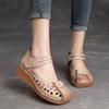 Johnature Versatile Genuine Leather Hollow-out Sandals Retro Hook & Loop Comfortable Women's Wedges Shoes