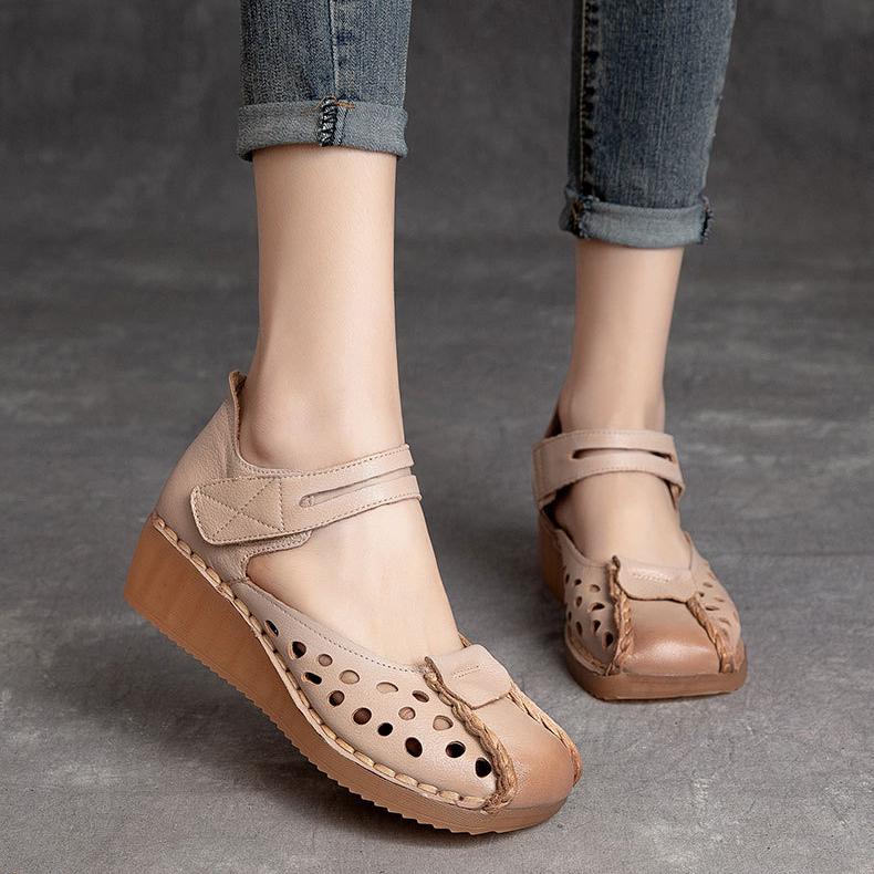 Johnature Versatile Genuine Leather Hollow-out Sandals Retro Hook & Loop Comfortable Women's Wedges Shoes
