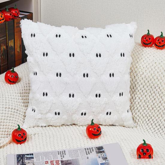 Halloween Decorative Pillow Cover Soft Plush Throw Cushion Case with 3D Embroidered Ghost Pumpkin Design for Couch Sofa Bedroom
